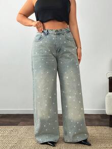 SHEIN Women Plus Size Rhinestone Embroidered Wide Leg Washed Detail Jeans - Grey - View 6