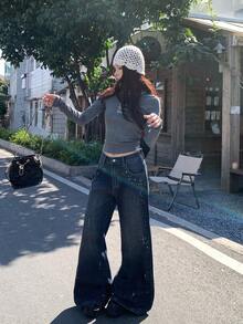 DAZY 女士水钻装饰复古喇叭牛仔裤，复古少女风 - 藍色 - 查看 3