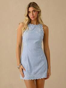 Enchnt Đầm nữ không tay cổ tròn, thêu hoa, vạt cong, kiểu dáng thường ngày. - Màu xanh nhạt - Xem 4