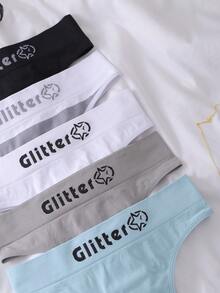 Lowkey Lull 5pcs/Set Women Seamless Thong Panties, Minimalist Letter Design Sports Underwear, Shapewear Butt Lifting - Multicolor - View 3