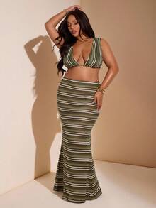 SHEIN BAE 大码女式条纹度假露脐背心和鱼尾裙套装，春夏款 - 綠色 - 查看 8