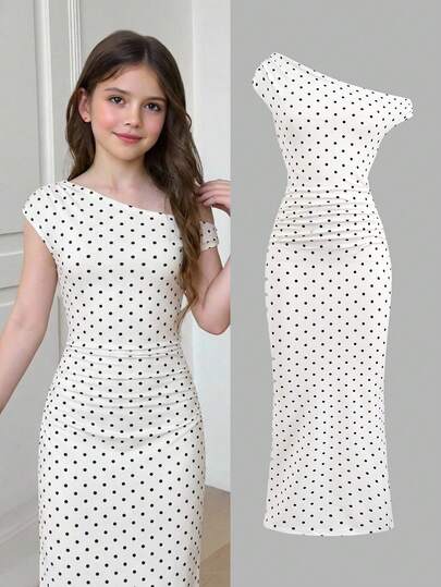 Firerie Kids Firerie Kids Tween Girl Casual Elegant Fitted Off-Shoulder Ruched Fitted Dress With Side Slit, Retro Polka Dot Print