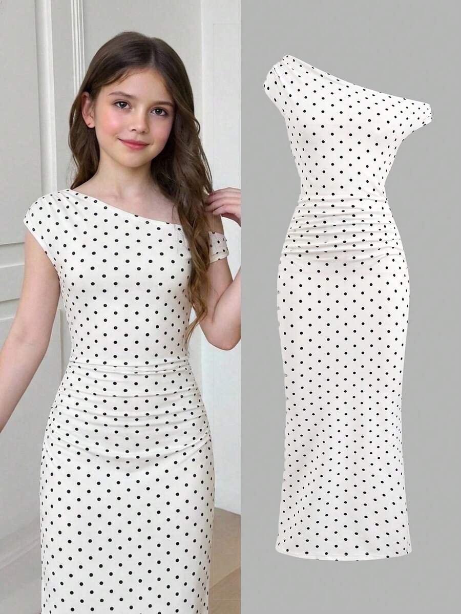Firerie Kids Firerie Kids 少女休闲优雅修身露肩褶皱连衣裙，侧开衩，复古波点印花 - 黑與白 - 查看 1