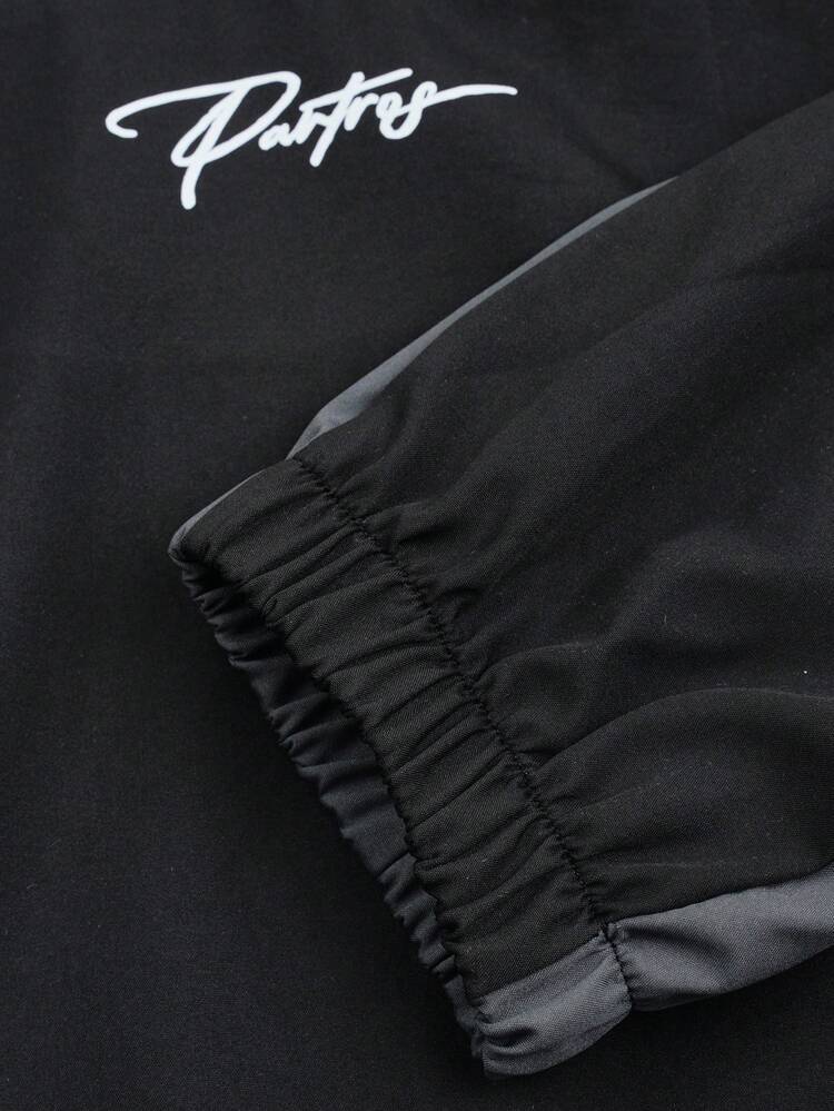PAVTROS Chaqueta casual de moda para hombre con cuello alto, media cremallera y estampado de letras en contraste de color, adecuada para primavera y otoño - Negro - Añade 5