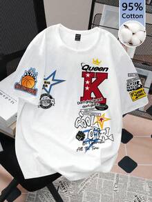 SHEIN EZwear 95%纯棉女士休闲圆领短袖T恤，印有标语 - 彩色 - 查看 1