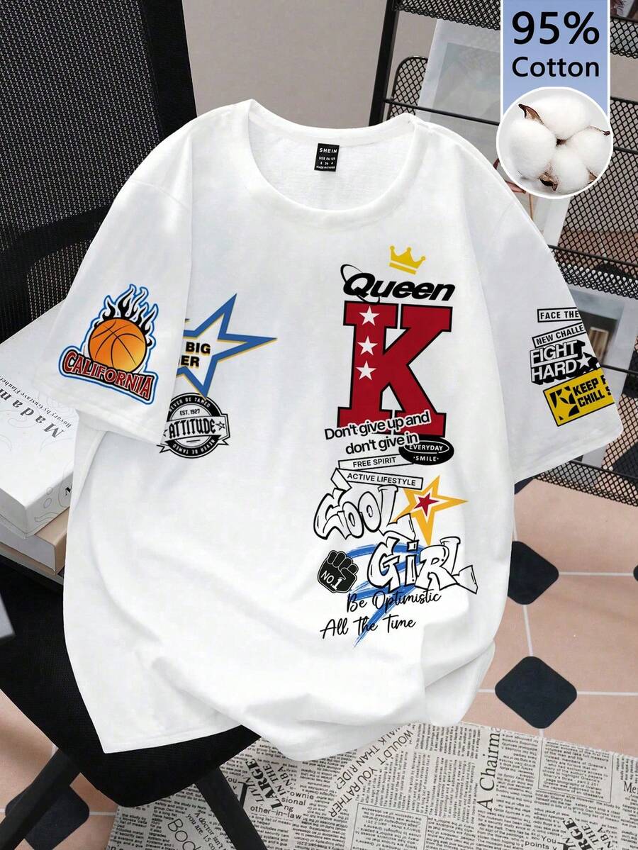 SHEIN EZwear 95%纯棉女士休闲圆领短袖T恤，印有标语 - 彩色 - 查看 1