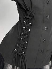 Áo sơ mi cỡ lớn phong cách Gothic tối màu thắt eo bên hông - màu đen - Xem 3