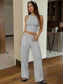 SHEIN EZwear 休闲简约运动风黑白条纹露背吊带背心搭配宽松长裤，女士两件套，春夏百搭单品 - 彩色 - 查看 3