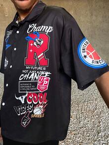 Ngobest Haus Ngobest Haus Men's Casual Slogan Print Short Sleeve Shirt, Summer - Black - View 3