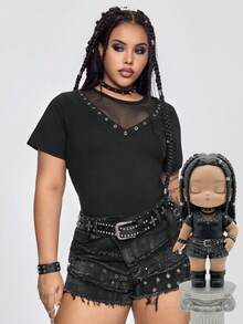 ROMWE Grunge Punk Áo thun tay ngắn ôm sát cơ thể cỡ lớn, thiết kế lưới xuyên thấu phối ren, chất liệu punk metal. - màu đen - Xem 10
