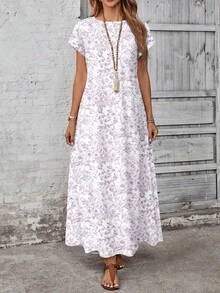 EMERY ROSE 休闲简约百搭图案女式连衣裙，春夏款 - 紫色 - 查看 4