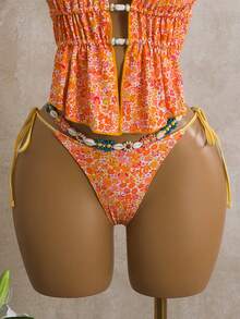 Bellisia Women's 2pcs Floral Print Beaded Halter Neck Drawstring Pants Swimsuit Set, Summer - Multicolor - View 5