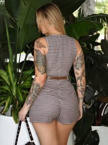 Arliah Brown Houndstooth Pattern Waist Belt Cropped Jumpsuit,Fall, Clothes For New Year,Frenchy,Terrace Chill,Glamour,Chic Autumn,Fall New Style Women,Office,Old Money,Classic, Plaid Jumpsuit - Multicolor - View 2