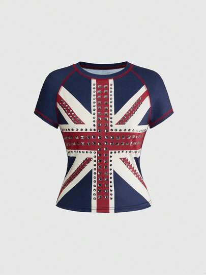 ROMWE Y2K复古街头风英国国旗印花水钻铆钉女式T恤
