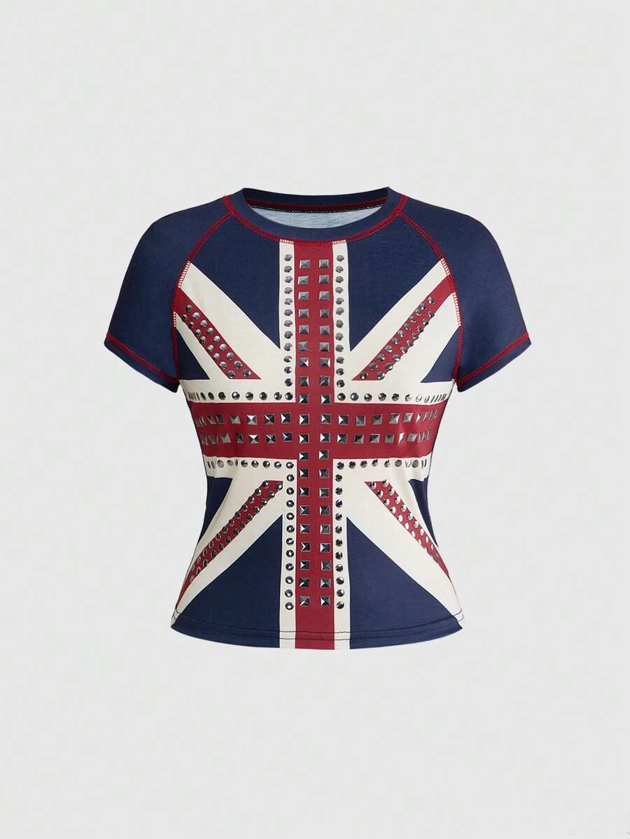 ROMWE Y2K复古街头风英国国旗印花水钻铆钉女式T恤 - 彩色 - 查看 1
