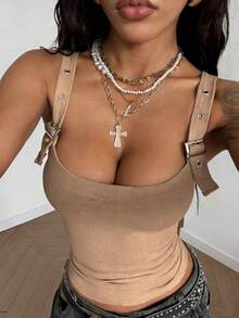 StreetHx Áo hai dây cổ vuông có khóa điều chỉnh dành cho nữ, thích hợp cho mùa hè. - Màu be - Xem 5