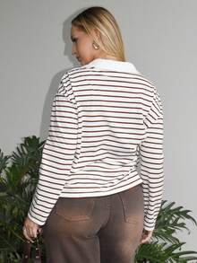 Arliah 女士条纹长袖休闲T恤，秋冬长袖上衣 - 棕色 - 查看 2