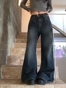 DAZY 女士水钻装饰复古喇叭牛仔裤，复古少女风 - 藍色 - 查看 4