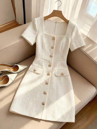 Franclia 女士连衣裙，女士中长款百搭碎花连衣裙，短袖方领纽扣假口袋设计，双层短裙，纯色白色碎花浪漫情人节服装，休闲约会，海边夏季度假，拉链可调节腰部连衣裙。