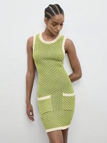 Maija Women's Contrast Color Round Neck Sleeveless Hollow Knitted Dress,Green Casual Body Fitting Summer Holiday Vacation Outfits With Dual Pocket,Autumn - Green - View 6