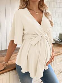SHEIN Sommer Lässig Pendler Bluse für schwangere Frauen mit Wickelkragen, Rüschenärmeln und Bindung in der Taille Einfarbig - Beige - Übersicht 4