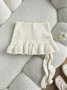 Elamini Women's Red Skirt, Fashionable Summer Beach Outfit, Low-Waist Hollow-Out Ruffled Mini Skirt, Versatile Sweet Vacation Style - White - View 2