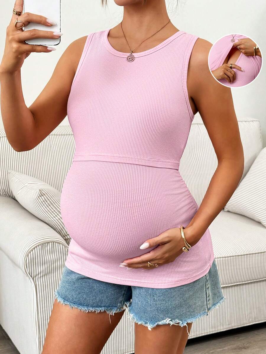 SHEIN 孕妇纯色罗纹休闲哺乳背心 - 粉色 - 查看 1