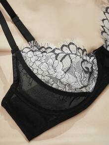 Charlaine 1pc Women's Lace Sheer Mesh Bra, Sexy Black & White Contrast Lace Patchwork Lingerie - Black - View 3
