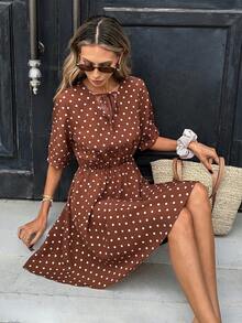 Pariaura Women's Polka Dot Pattern Tie Neck Short Sleeve Casual Dress - Brown - View 4