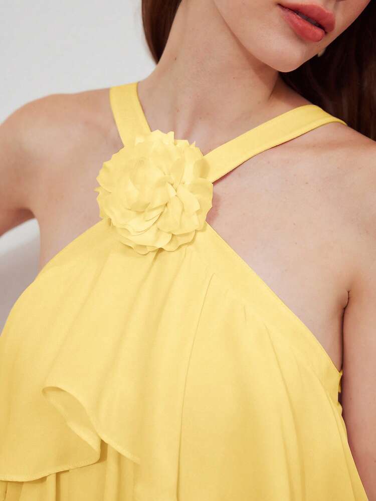 WOMEN'S STEREO FLORAL RUFFLE DETAIL WOVEN DRESS