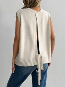 SHEIN Sleeveless Knit Sweater With Back Tie & Bow Pattern Vest - Apricot - View 2