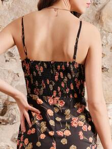 lacRébo 印花修身中长连衣裙，直领吊带设计，适合春夏穿着，法式巴黎风情。 - 黑色 - 查看 6