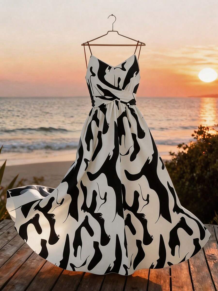 Lyxana Đầm nữ mùa hè mới thanh lịch màu mơ nhạt, nền đen, họa tiết bất đối xứng, dây đeo eo. - Màu be - Xem 1