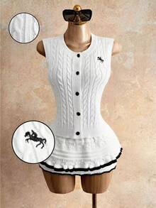 Mistrie Women's White Knit Button Sweater Vest Top Twisted Rope Sleeveless Casual Autumn Elegant And Classy School Back-To-School Patchwork Summer Tops - White - View 1