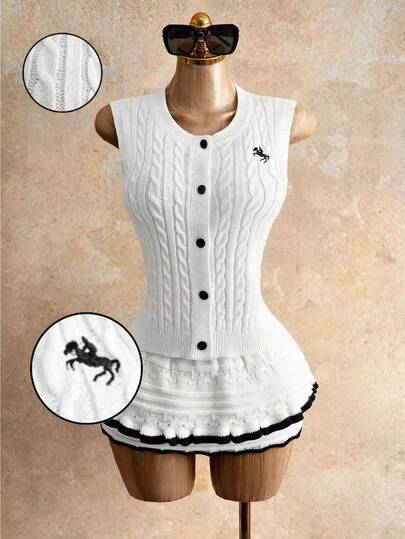 Mistrie 女士白色针织拼接纽扣毛衣背心，扭绳无袖休闲简约夏季女装上衣，适合春假穿着，女士白色休闲上衣，女士休闲外出上衣，女士夏季白色毛衣背心束身衣上衣