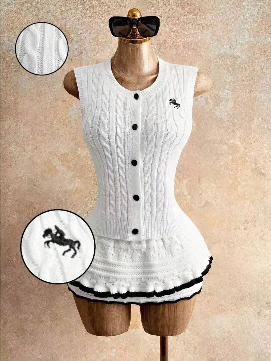 Mistrie Women's White Knit Button Sweater Vest Top Twisted Rope Sleeveless Casual Autumn Elegant And Classy School Back-To-School Patchwork Summer Tops - White - View 1