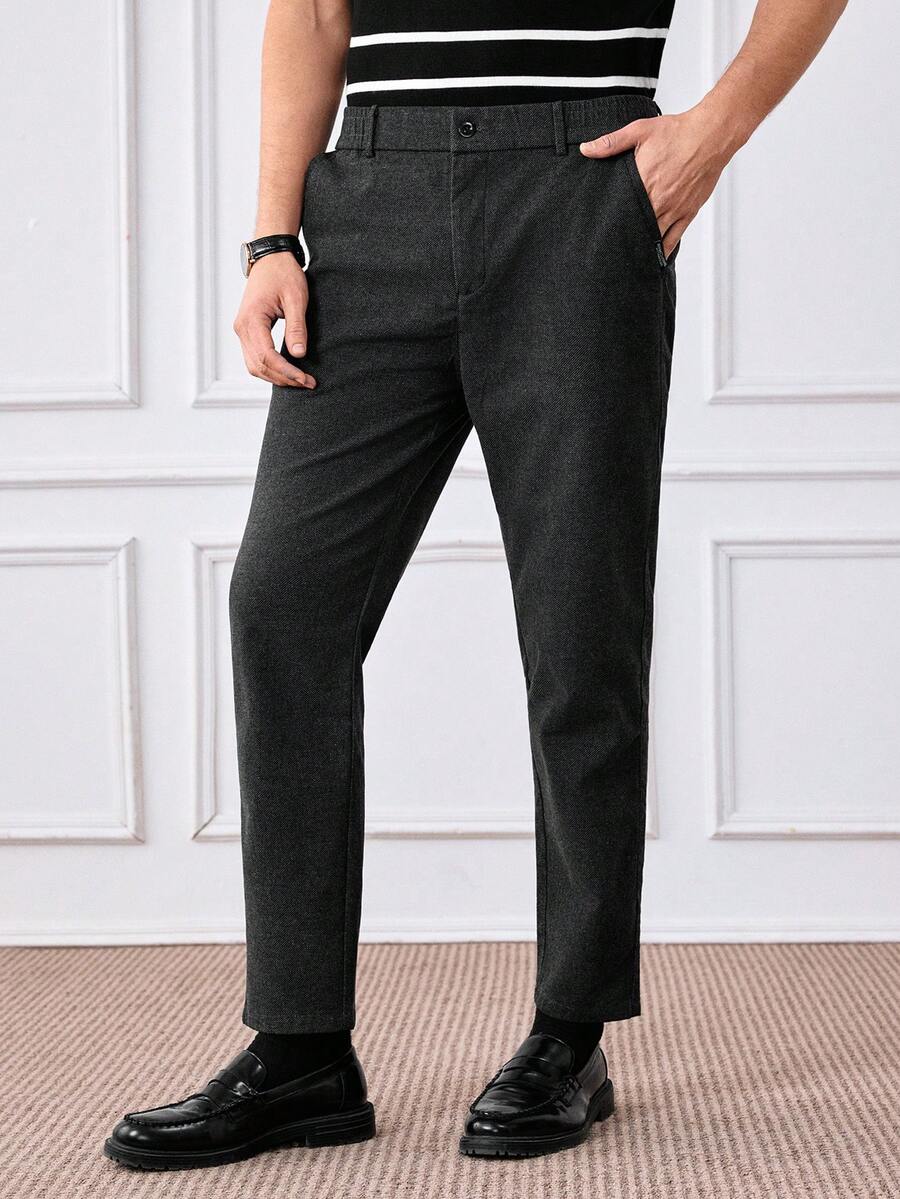 Officeau Men's Solid Color Slant Pocket Straight Leg Casual Pants, Suitable For Commuting - Black - View 1