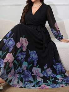 Modelyn Plus Size Elegant Floral Print Party Gym Dress Brown Autumn - Multicolor - View 9