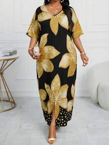 SHEIN Lady 春夏休闲优雅波西米亚风黑色编织V领直筒束腰连衣裙卡夫坦长款加大码连衣裙复活节连衣裙女士春季服装女士度假服装女士沙滩服装女士沙滩度假连衣裙婚礼宾客连衣裙女士商务休闲女士舞会礼服 - 彩色 - 查看 1