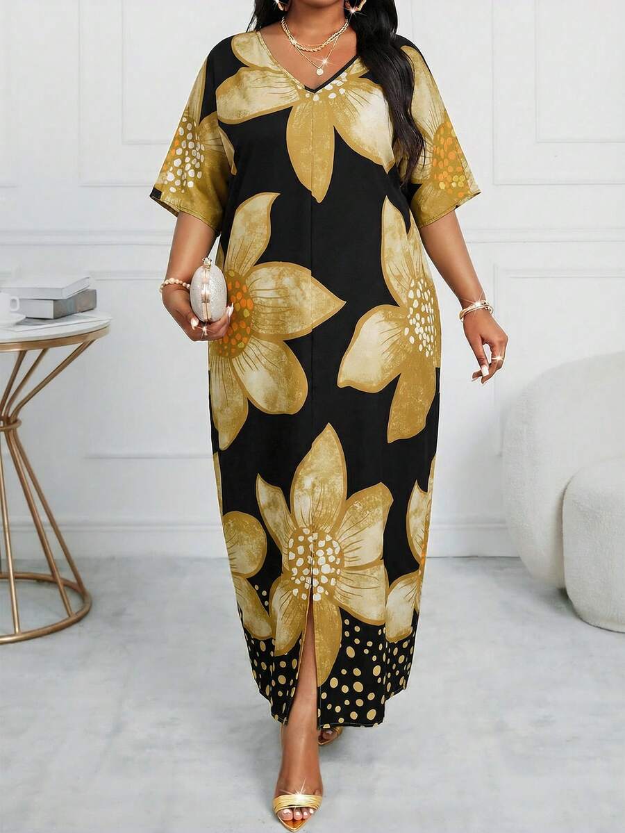SHEIN Lady 春夏休闲优雅波西米亚风黑色编织V领直筒束腰连衣裙卡夫坦长款加大码连衣裙复活节连衣裙女士春季服装女士度假服装女士沙滩服装女士沙滩度假连衣裙婚礼宾客连衣裙女士商务休闲女士舞会礼服 - 彩色 - 查看 1