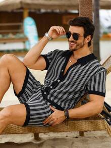 Manfinity RSRT Men's Casual Striped Knit Shirt & Shorts Set - Multicolor - View 1