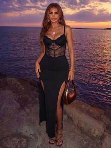 Allurite Backless Split Thigh Bustier Lace Cami Dress Maxi Women Outfit - Black - View 4