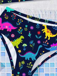 SHEIN 可爱多彩卡通恐龙图案，海滩度假风，少女休闲修身吊带背心和三角比基尼泳衣套装，适合夏季休闲度假，#椰子女孩 - 彩色 - 查看 6