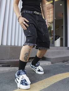 Manfinity EMRG Men's Summer Black Fringe Hem Distressed Loose Denim Shorts - Black - View 9