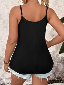 SHEIN PETITE CURVE 大码纯色蕾丝拼接镂空时尚吊带背心 - 黑色 - 查看 3