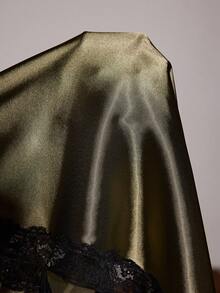 SHEIN Sexy Lace Patchwork Faux Silk Side High Slit Women Slip Dress - Army Green - View 8