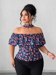Elenzga Plus Size Women's Navy Blue Summer Elegant Wedding Ninang Off-Shoulder Short Sleeve Blouse,French Casual Cold Shoulder Dress Top,Latest New Arrivals - Navy Blue - View 3