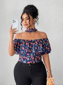 Elenzga Plus Size Women's Navy Blue Summer Elegant Wedding Ninang Off-Shoulder Short Sleeve Blouse,French Casual Cold Shoulder Dress Top,Latest New Arrivals - Navy Blue - View 1