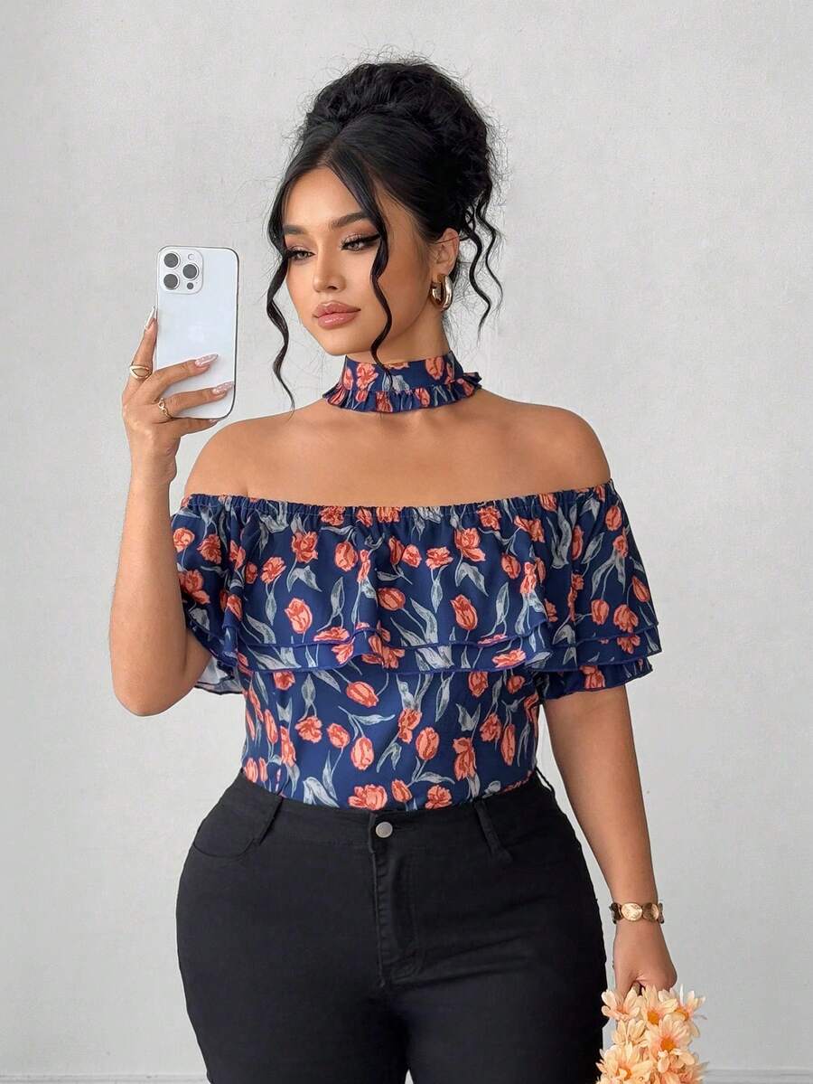 Elenzga Plus Size Women's Navy Blue Summer Elegant Wedding Ninang Off-Shoulder Short Sleeve Blouse,French Casual Cold Shoulder Dress Top,Latest New Arrivals - Navy Blue - View 1