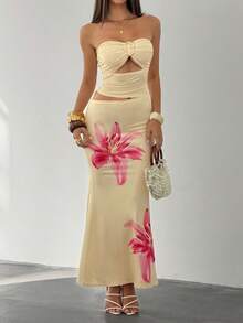 Bluhae Vestido longo feminino de malha sem mangas com estampa floral tropical, decote tomara que caia e fivela de metal. Ideal para férias na praia, charmoso, sexy, elegante, para o dia a dia, encontros, estilo francês, retrô, versátil, perfeito para feriados e casamentos na primavera e no verão. - Multicolorido - Ver 3